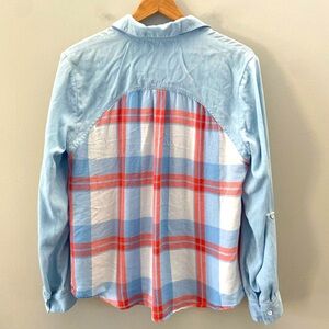 Tribal Women’s Lightweight Western Plaid Back Chambray Button Down Casual Top